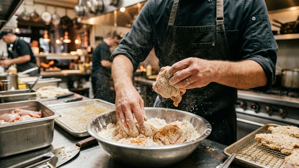 Hand-breaded fried chicken